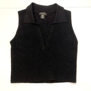 House of Harlow 1960 Black Ribbed V-Neck Collared Sleeveless Crop Top Womens M